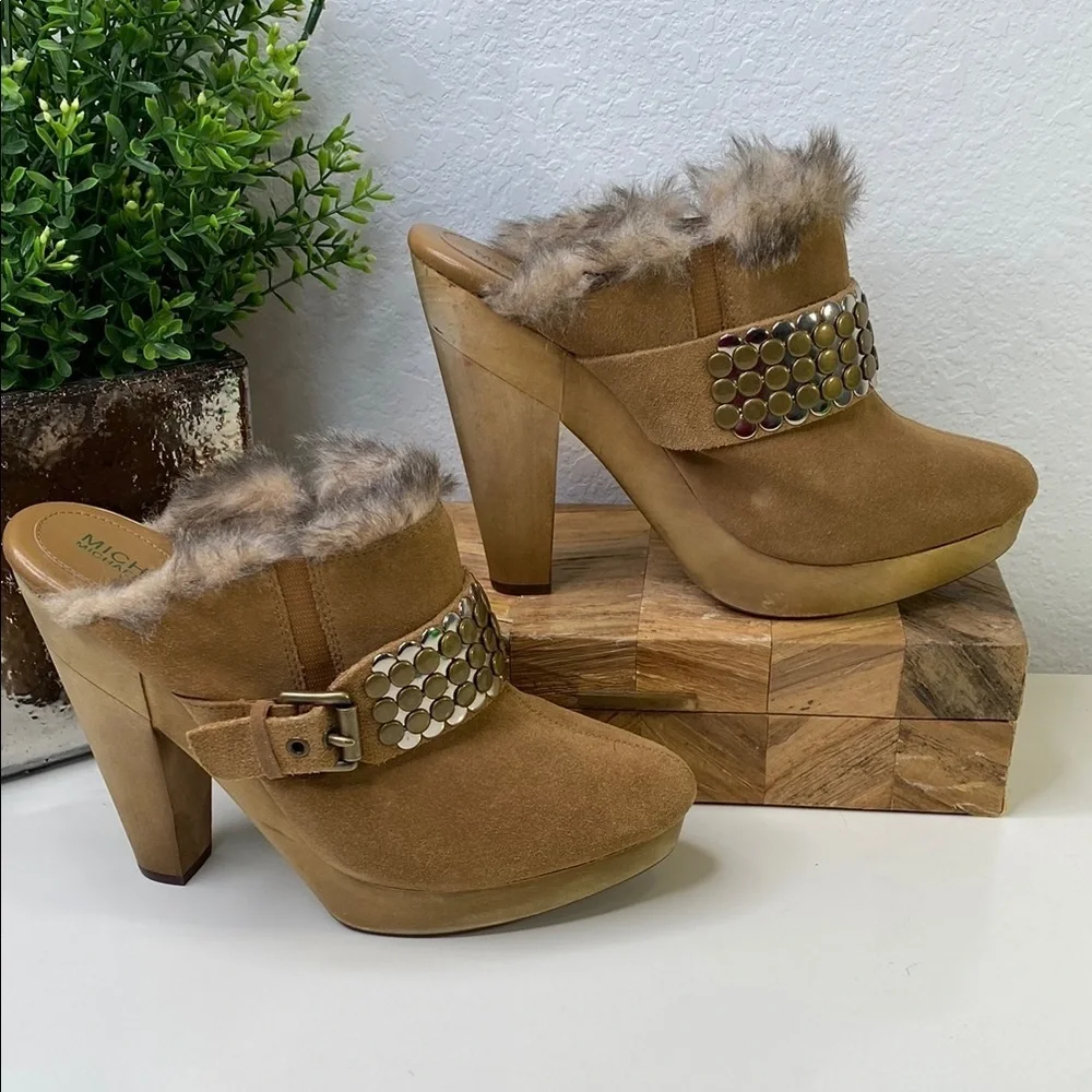Clearance! Michael Kors‎ Tan Fur-Lined Studded Platform High Heel Mules Sz 9.5